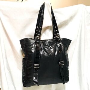 NWT Large Black Nylon Puffer Patent Tote Bag